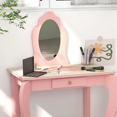 ZONEKIZ Kids Dressing Table with Mirror Stool Drawer Cute Animal Design Pink