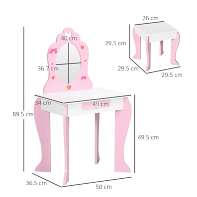 ZONEKIZ Kids Dressing Table with Stool, Love Heart and Bow Design, Makeup Desk