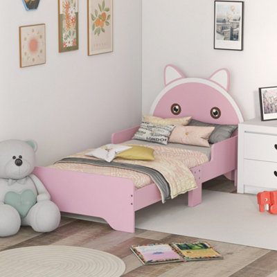 ZONEKIZ Toddler Bed Frame Cat Design Kids Bed with Guardrails Pink