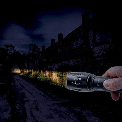 Zoomable LED Flashlight - Battery Powered Portable Aluminium Torch with 5 Zoom Settings, Strobe Light & Handy Carry Strap