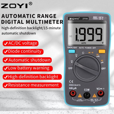 ZOYI Basic Digital Multimeter Tester 2000C, 200mA, Backlit, AC/DC, Ideal for new users and students with simple panel