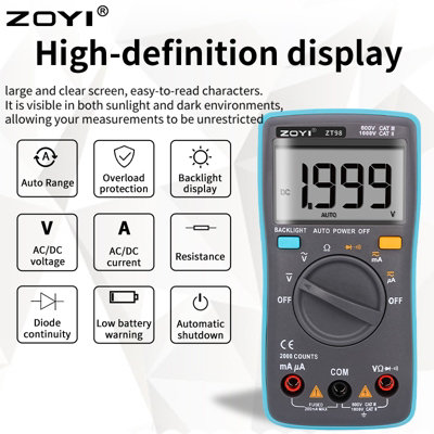 ZOYI Basic Digital Multimeter Tester 2000C, 200mA, Backlit, AC/DC, Ideal for new users and students with simple panel