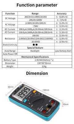 ZOYI Basic Digital Multimeter Tester 2000C, 200mA, Backlit, AC/DC, Ideal for new users and students with simple panel