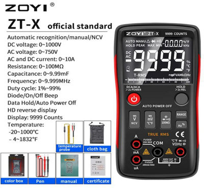 ZOYI Digital Multimeter Tester ZT-X 9999C, Multi Electrical Tester, Ammeter, Ohmmeter, Resistance, Continuity Tester