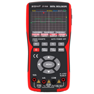 ZOYI Handheld Digital Oscilloscope Multimeter 3 in 1 Signal Generator, 50Mhz, 2 Channels, 25,000 Counts TRMS, 3.5" IPS Display