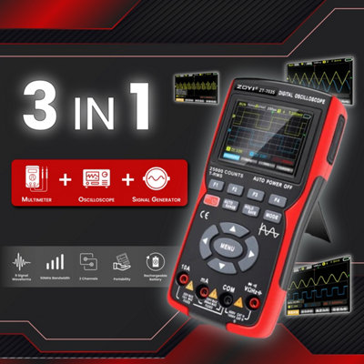 ZOYI Handheld Digital Oscilloscope Multimeter 3 in 1 Signal Generator, 50Mhz, 2 Channels, 25,000 Counts TRMS, 3.5" IPS Display