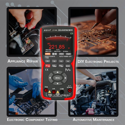 ZOYI Handheld Digital Oscilloscope Multimeter 3 in 1 Signal Generator, 50Mhz, 2 Channels, 25,000 Counts TRMS, 3.5" IPS Display