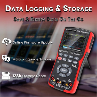 ZOYI Handheld Digital Oscilloscope Multimeter 3 in 1 Signal Generator, 50Mhz, 2 Channels, 25,000 Counts TRMS, 3.5" IPS Display