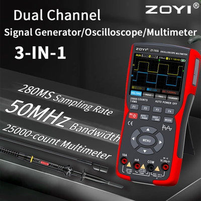ZOYI Handheld Digital Oscilloscope Multimeter 3 in 1 Signal Generator, 50Mhz, 2 Channels, 25,000 Counts TRMS, 3.5" IPS Display
