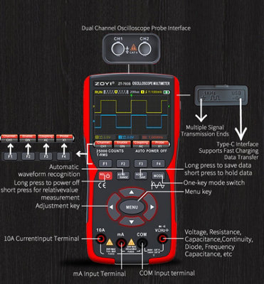ZOYI Handheld Digital Oscilloscope Multimeter 3 in 1 Signal Generator, 50Mhz, 2 Channels, 25,000 Counts TRMS, 3.5" IPS Display