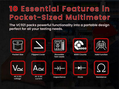 ZOYI VC921 Pocket Digital Multimeter 4000 Counts Mini Multi Tester AC/DC Ohm Volt Amp Capacitance Frequency Diode Continuity