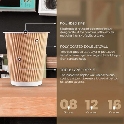 Zuvo 100 Kraft Ripple Paper Cups 12oz 3 Ply Insulated Disposable Cups ...
