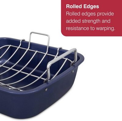 Zyliss Dark Blue Non-Stick Carbon Steel Roasting Tin with Rack.